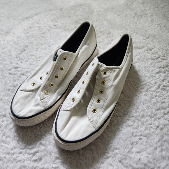 Sperry Top-Sider Shoes - Sperry Crest Vibe White Canvas Slip On Sneakers Womens 9M